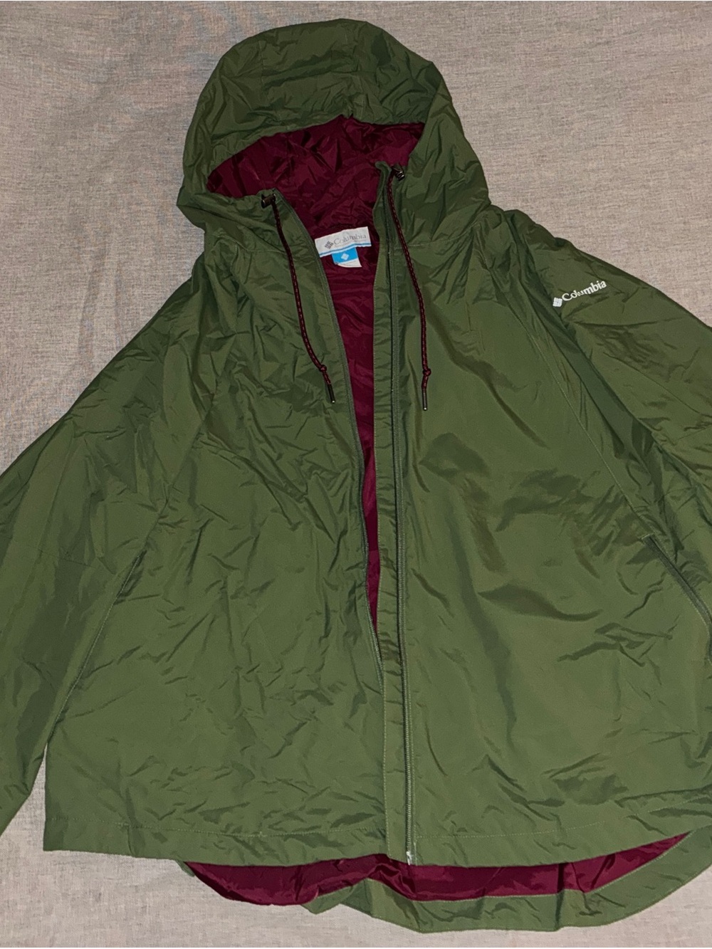 Columbia Olive Green Raincoat with Maroon Lining